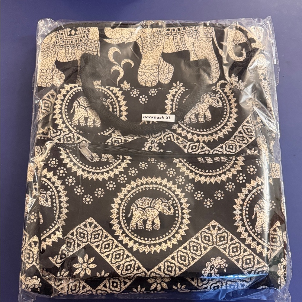 Elephant Print Canvas Backpack - Black & Cream